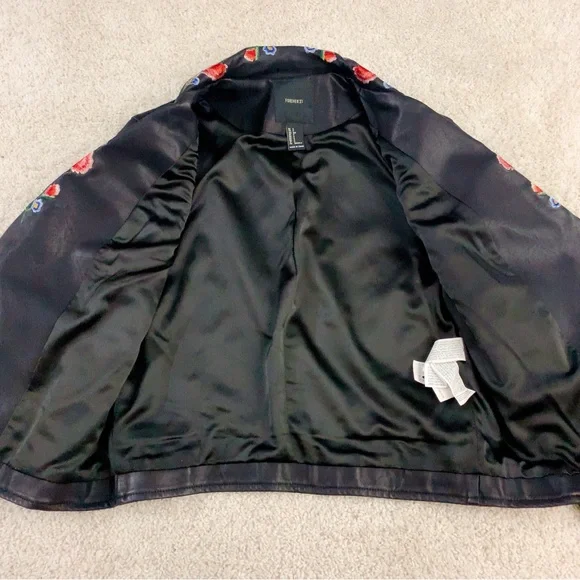Floral Embroidered Black Faux Leather Biker Jacket - Picture 7 of 10